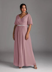 Augday A-Line V-Neck Pleated Chiffon Dress Plus Size