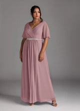 Augday A-Line V-Neck Pleated Chiffon Dress Plus Size