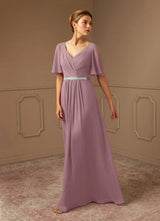 Augday A-Line V-Neck Pleated Chiffon Dress