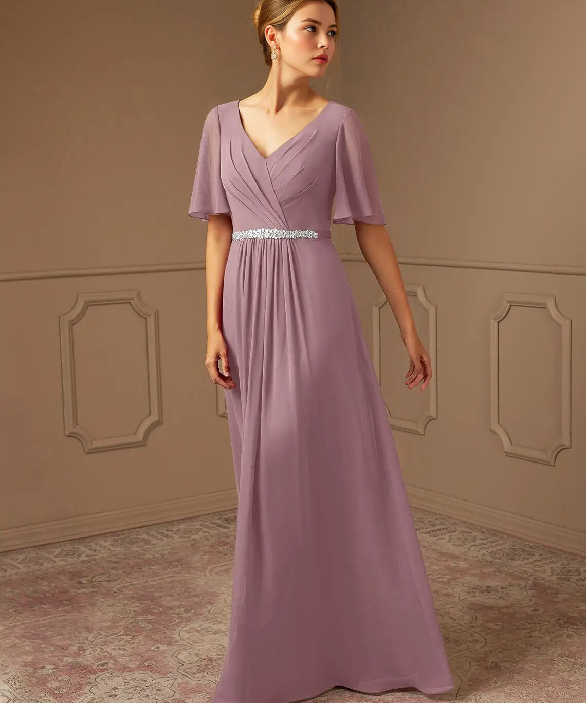 Augday A-Line V-Neck Pleated Chiffon Dress