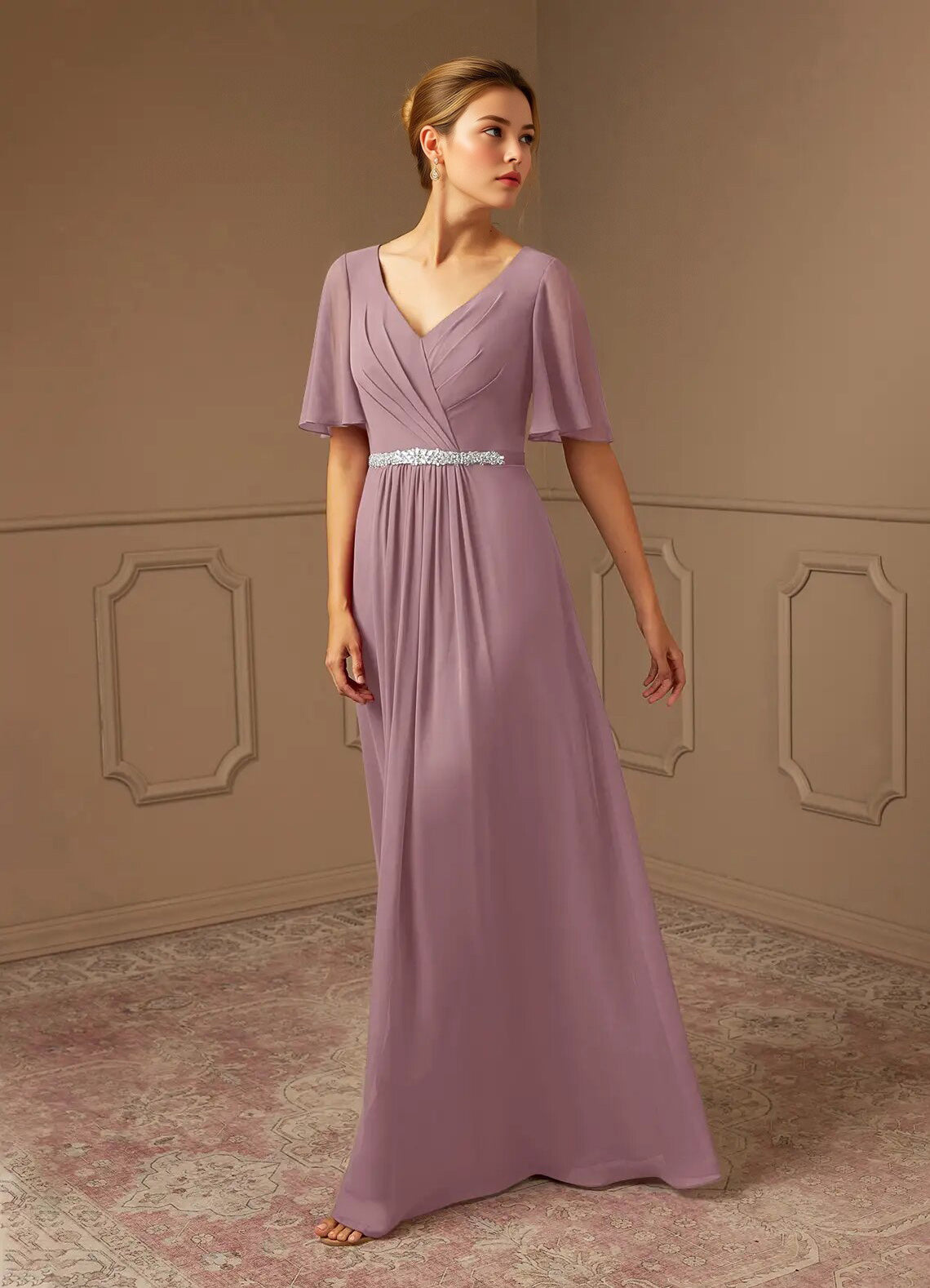 Augday A-Line V-Neck Pleated Chiffon Dress