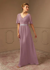 Augday A-Line V-Neck Pleated Chiffon Dress