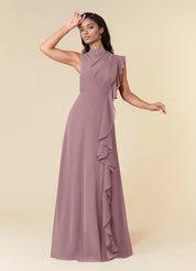 Augday A-Line High Neckline Pleated Chiffon Dress