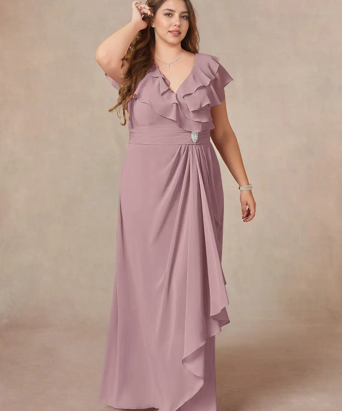 Augday A-Line V-Neck Ruched Chiffon Dress Plus Size