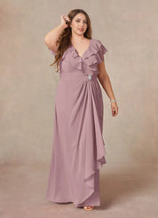 Augday A-Line V-Neck Ruched Chiffon Dress Plus Size