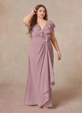 Augday A-Line V-Neck Ruched Chiffon Dress Plus Size