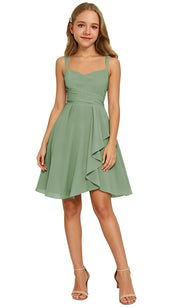 Augday Laly Girl Short Chiffon Flower Girl Dress for Wedding Spaghetti Straps Teens Formal Dresses