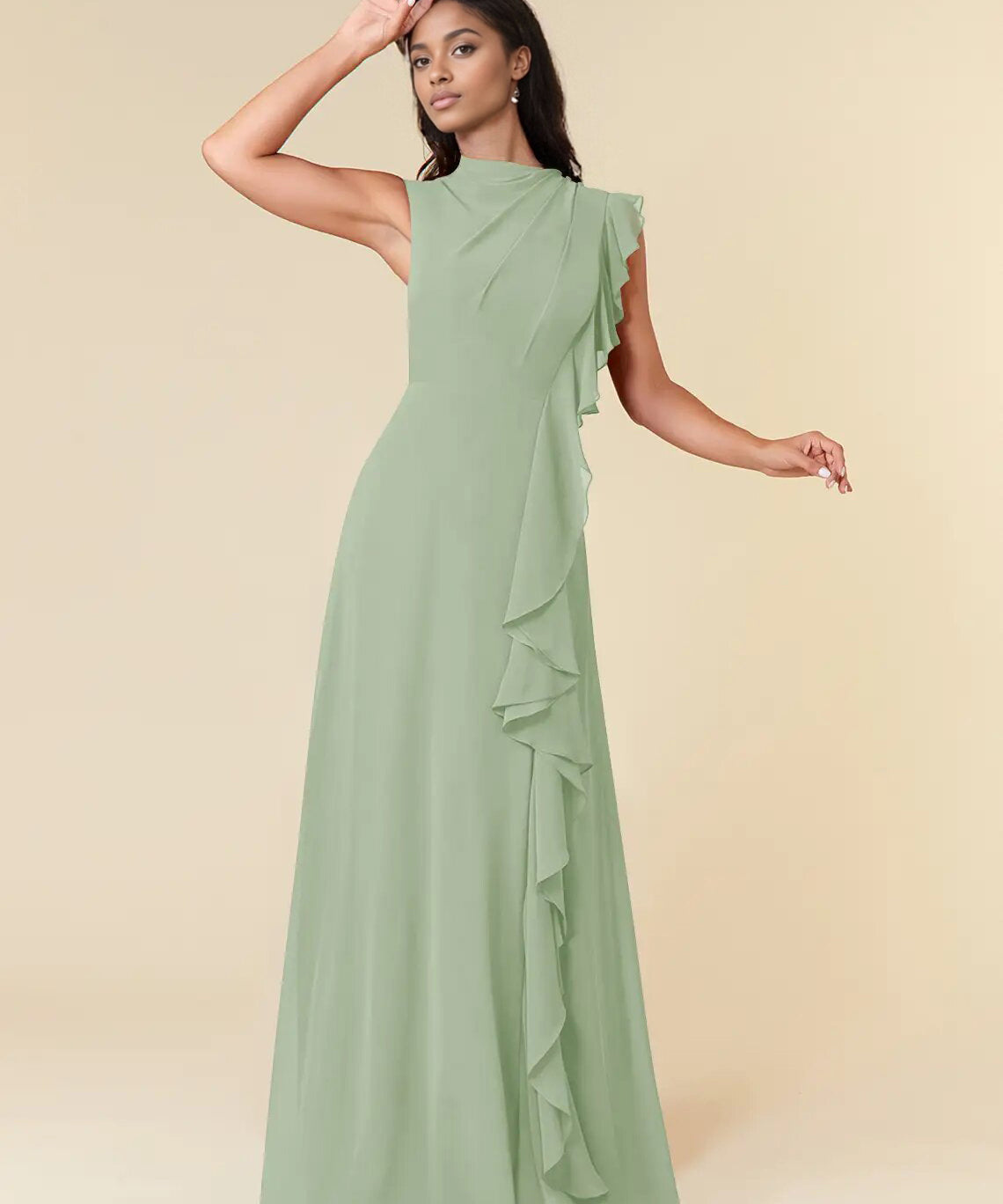 Augday A-Line High Neckline Pleated Chiffon Dress