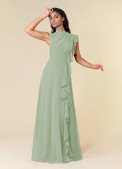 Augday A-Line High Neckline Pleated Chiffon Dress