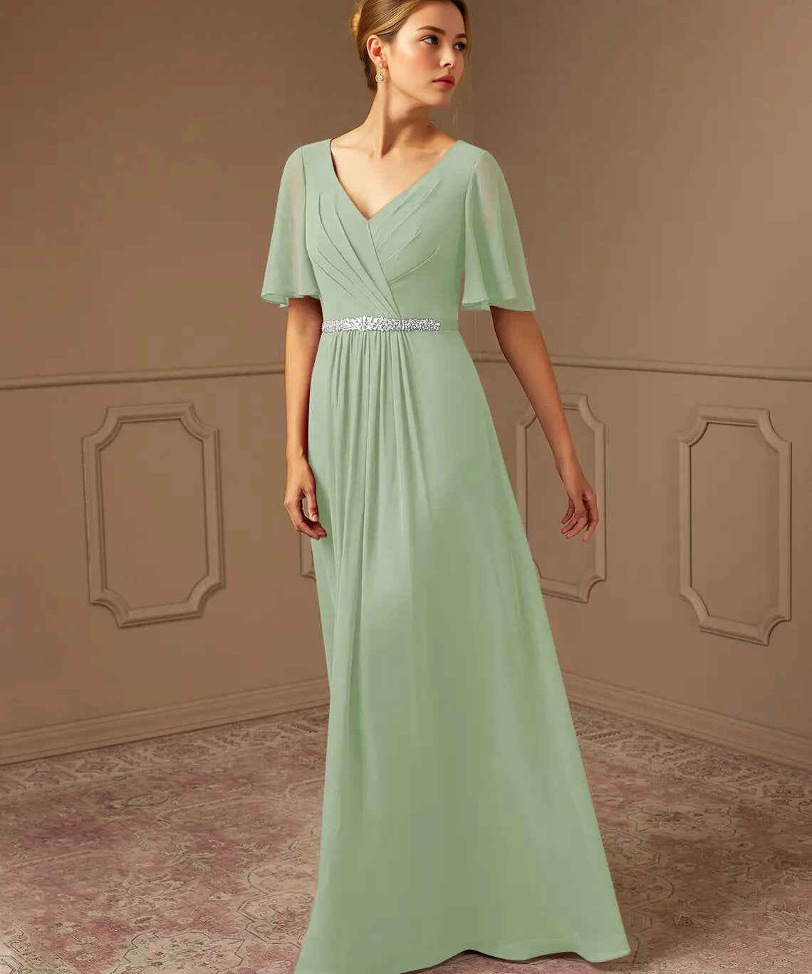 Augday A-Line V-Neck Pleated Chiffon Dress