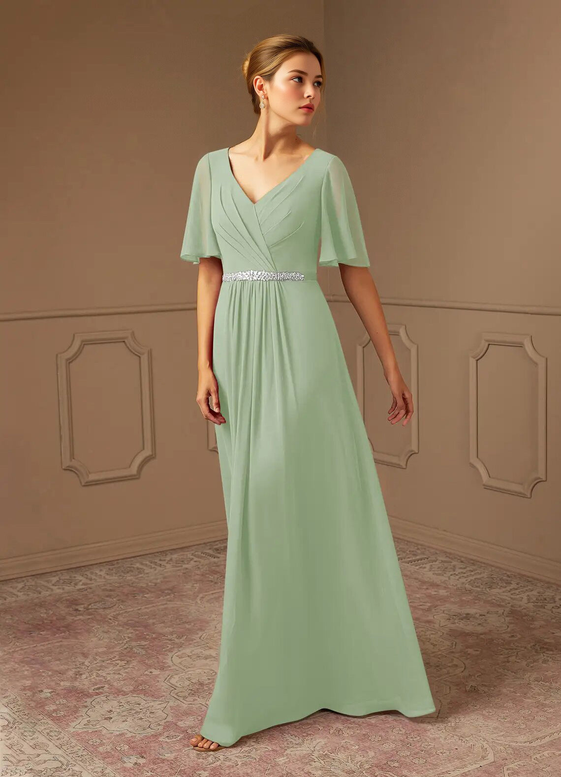 Augday A-Line V-Neck Pleated Chiffon Dress