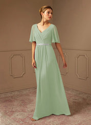 Augday A-Line V-Neck Pleated Chiffon Dress