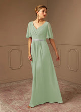 Augday A-Line V-Neck Pleated Chiffon Dress