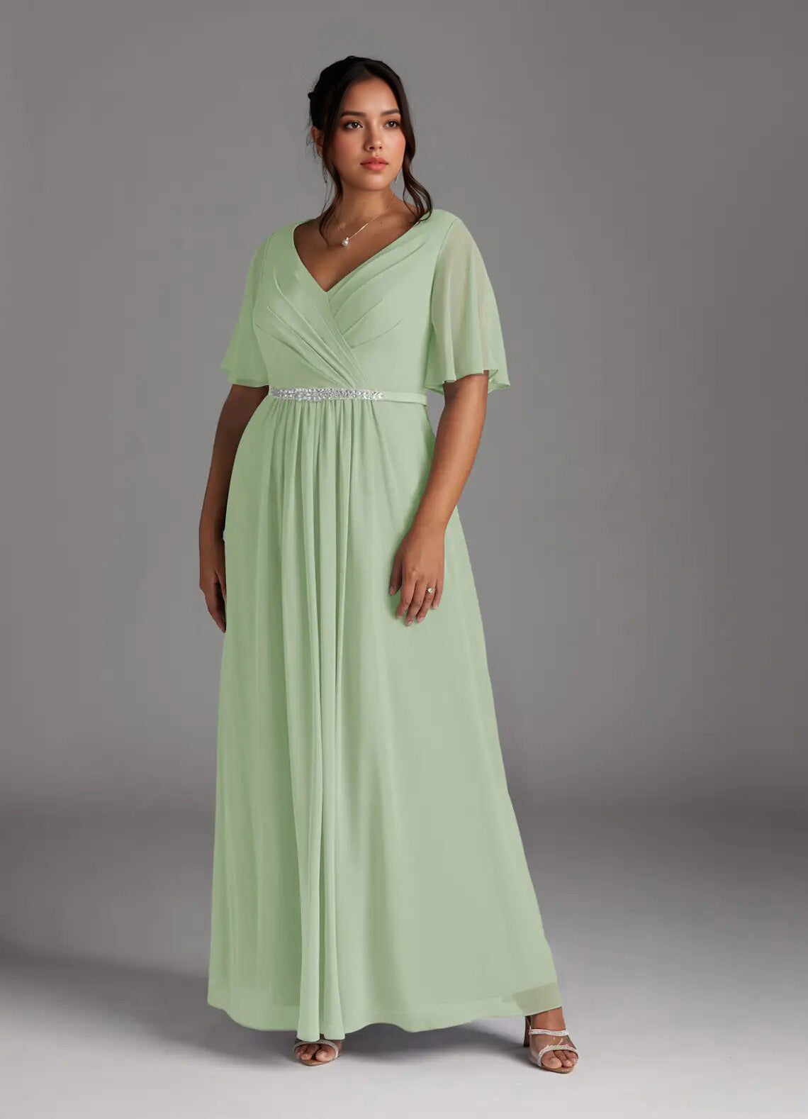 Augday A-Line V-Neck Pleated Chiffon Dress Plus Size
