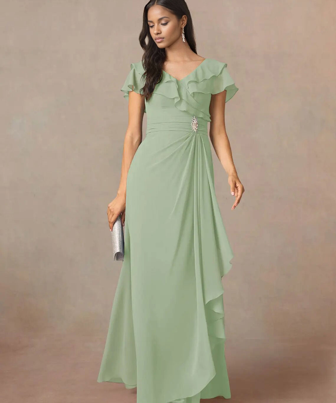 Augday A-Line V-Neck Ruched Chiffon Dress