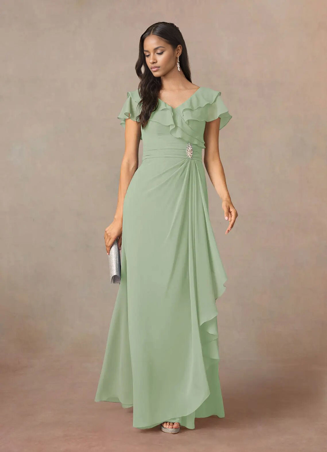 Augday A-Line V-Neck Ruched Chiffon Dress