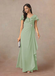 Augday A-Line V-Neck Ruched Chiffon Dress