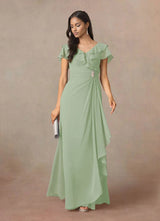 Augday A-Line V-Neck Ruched Chiffon Dress