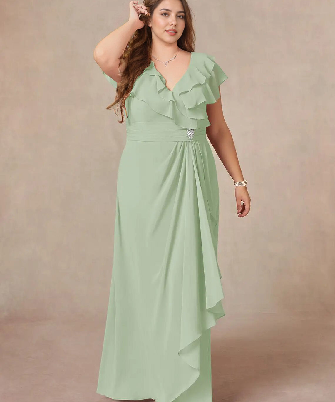 Augday A-Line V-Neck Ruched Chiffon Dress Plus Size