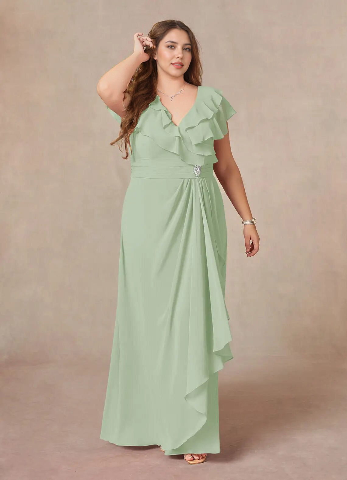 Augday A-Line V-Neck Ruched Chiffon Dress Plus Size