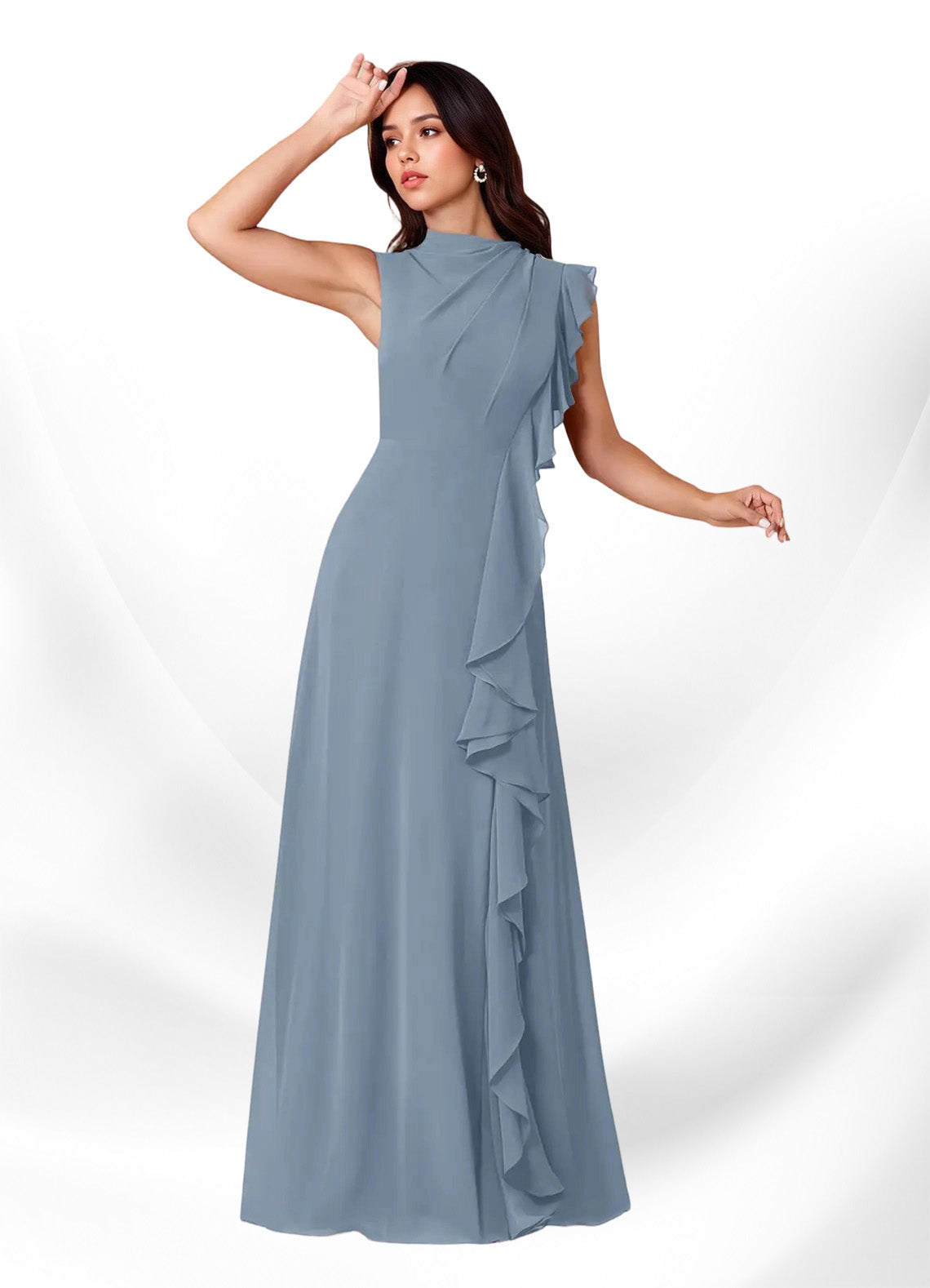 Augday Narine A-Line High Neckline Pleated Chiffon Dress