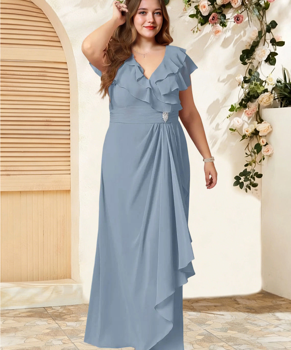 Augday Snapdragon A-Line V-Neck Ruched Chiffon Dress