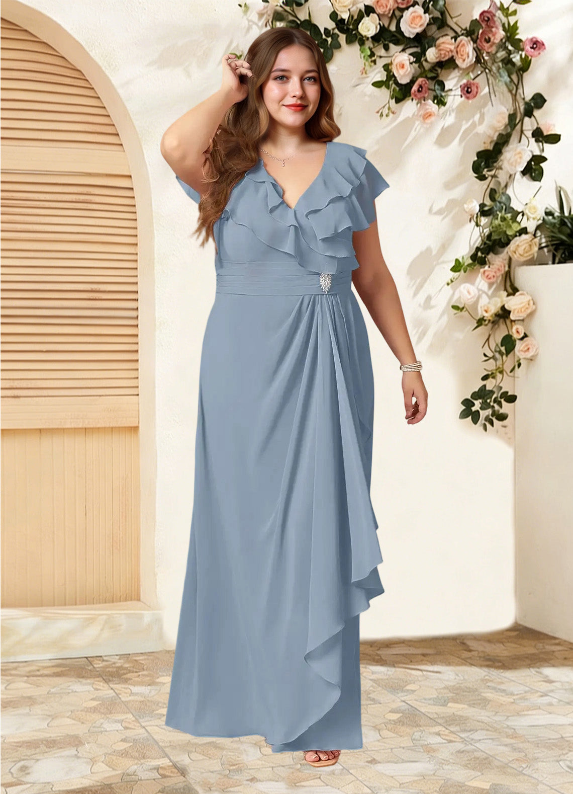 Augday Snapdragon A-Line V-Neck Ruched Chiffon Dress