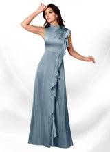 Augday Narine A-Line High Neckline Pleated Stretch Satin Dress