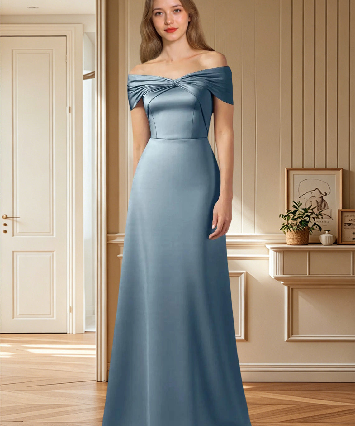 Augday Amelia A-Line Off the Shoulder Stretch Satin Dress