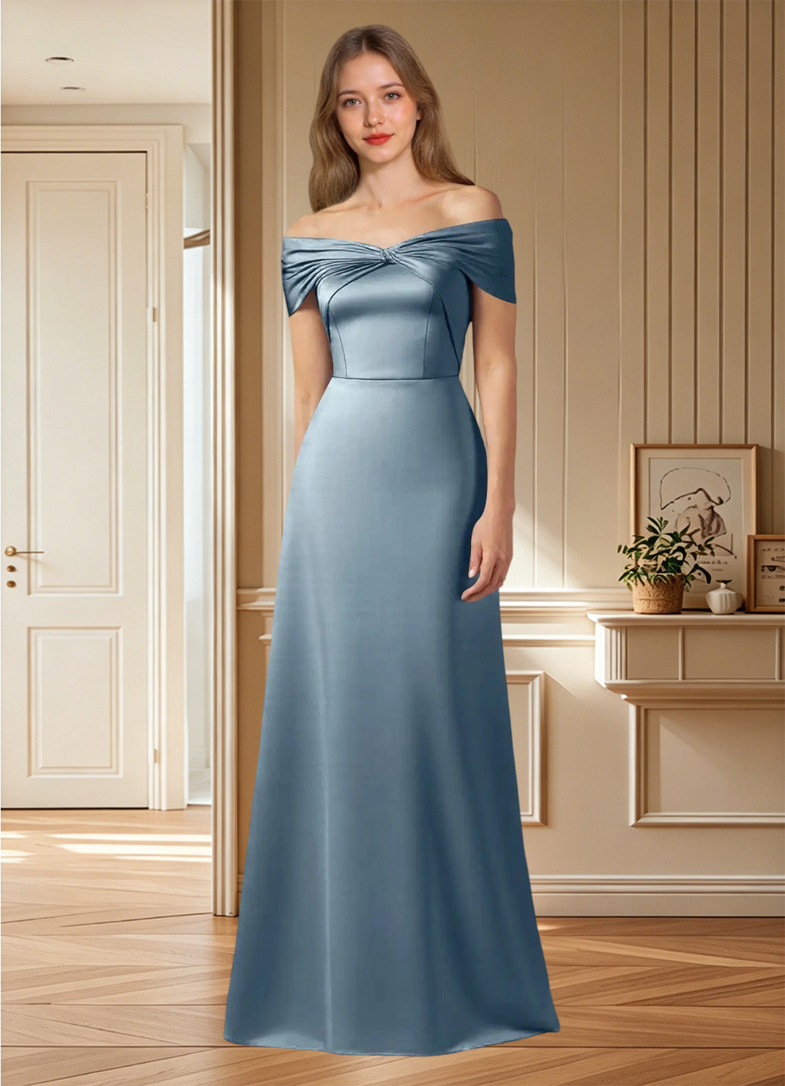 Augday Amelia A-Line Off the Shoulder Stretch Satin Dress