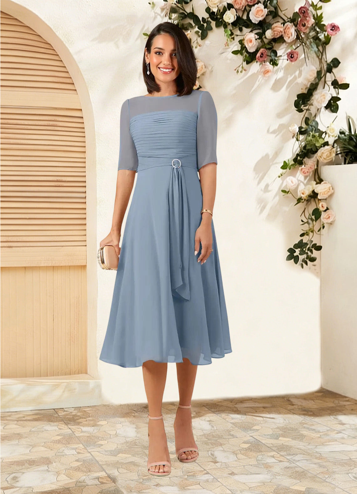 Augday Naomi A-Line Boatneck Pleated Chiffon Dress