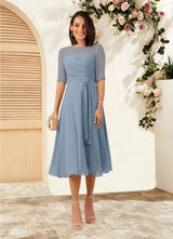 Augday Naomi A-Line Boatneck Pleated Chiffon Dress