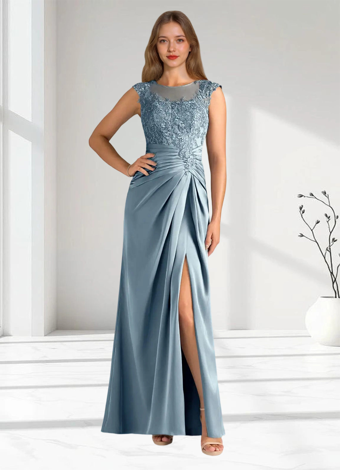 Augday Santa Barbara Sheath Pleated Stretch Satin Dress