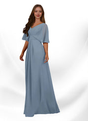 Augday Oksana A-Line V-Neck Pleated Chiffon Dress