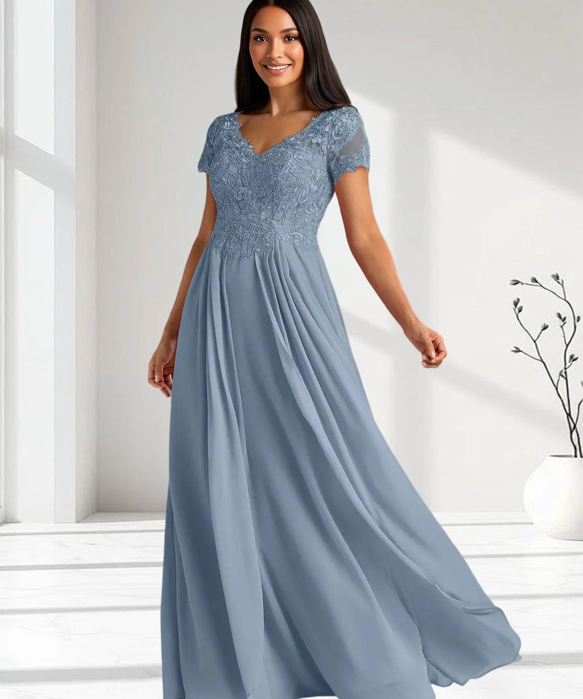 Augday Dunja A-Line V-Neck Lace Chiffon Dress