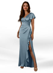 Augday Roya Mermaid V-Neck Pleated Stretch Satin Dress