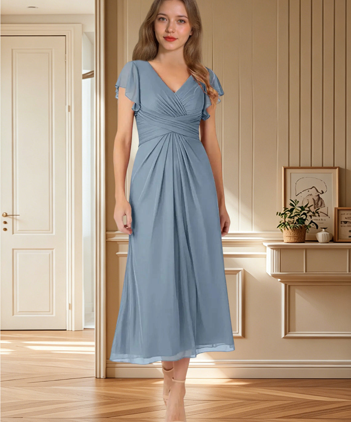Augday Vera A-Line V-Neck Pleated Mesh Dress