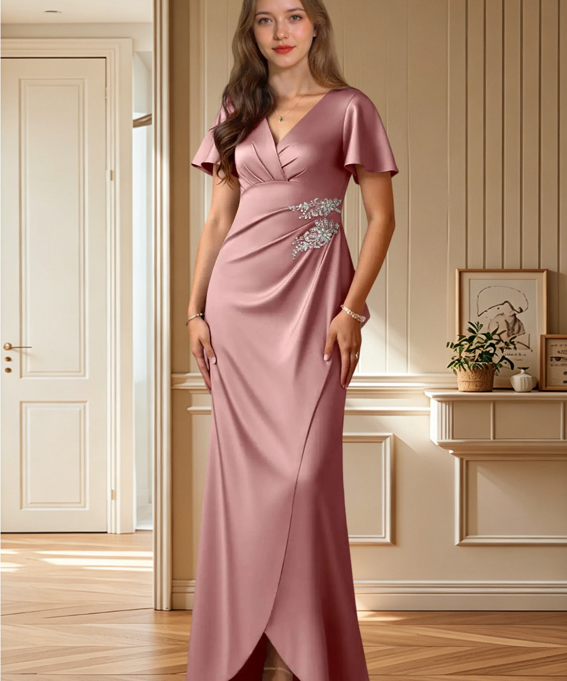 Augday Robins A-Line Pleated Stretch Satin Dress