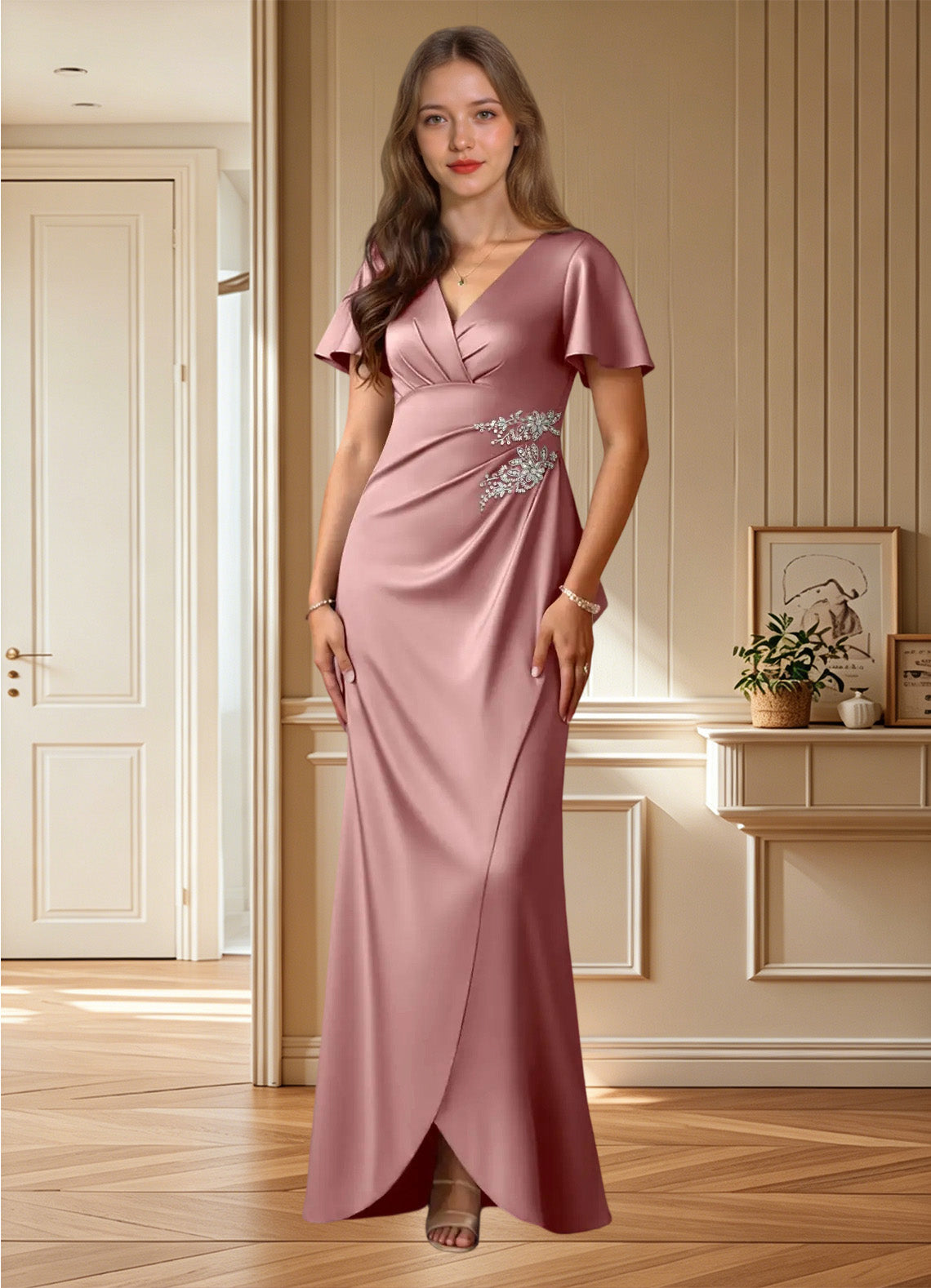 Augday Robins A-Line Pleated Stretch Satin Dress