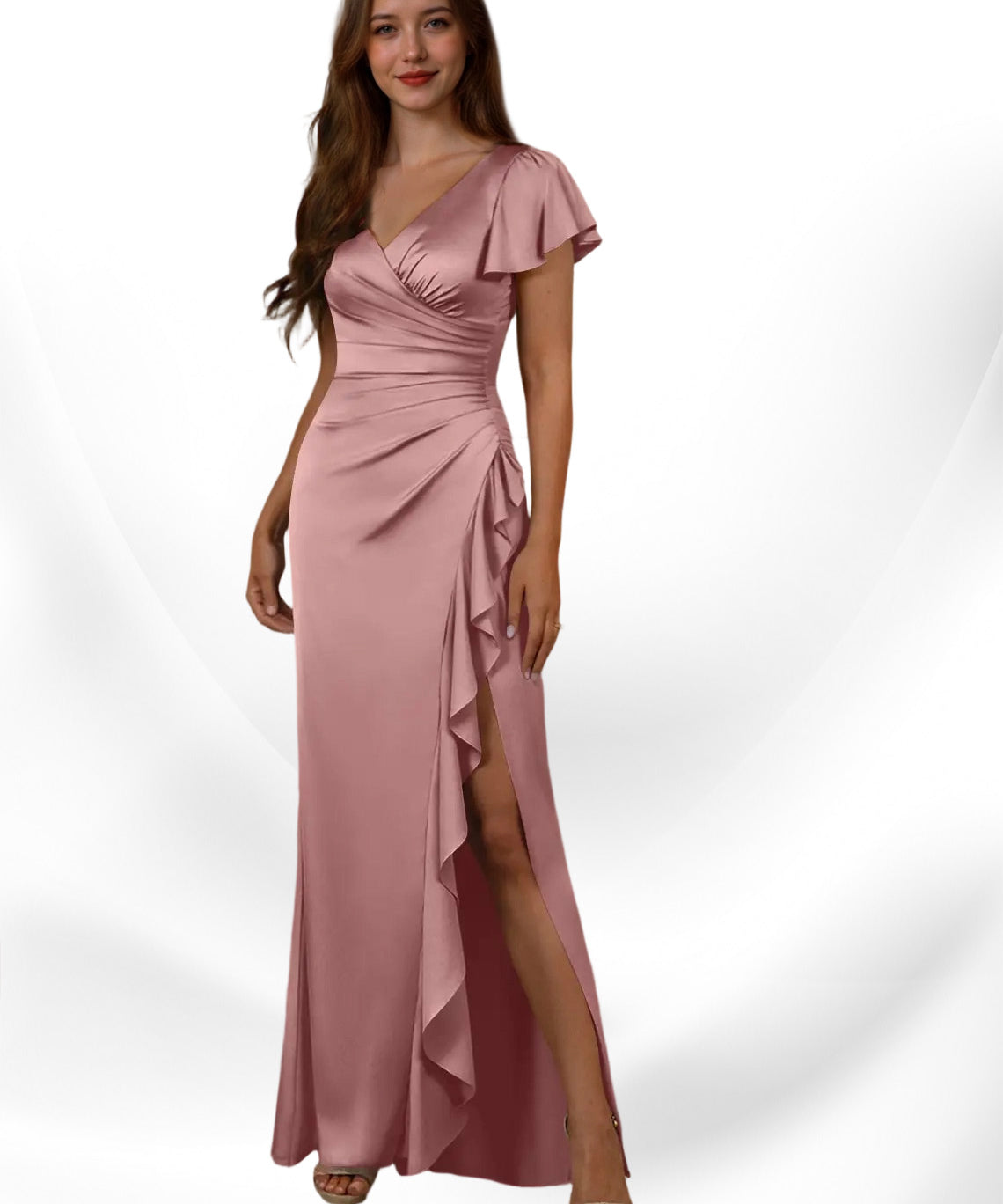 Augday Roya Mermaid V-Neck Pleated Stretch Satin