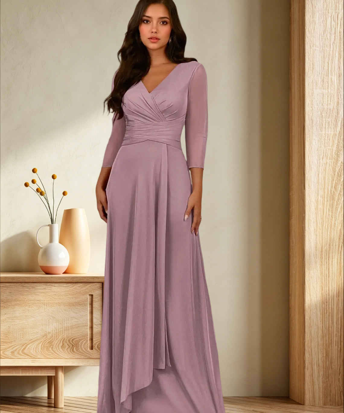 Augday Annetta A-Line V-Neck Pleated Mesh Dress
