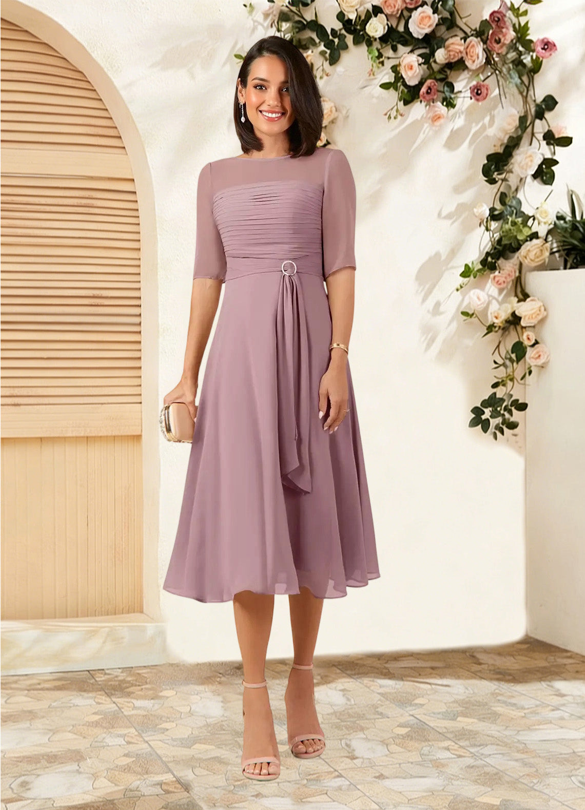 Augday Naomi A-Line Boatneck Pleated Chiffon Dress