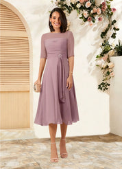 Augday Naomi A-Line Boatneck Pleated Chiffon Dress