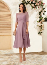 Augday Naomi A-Line Boatneck Pleated Chiffon Dress