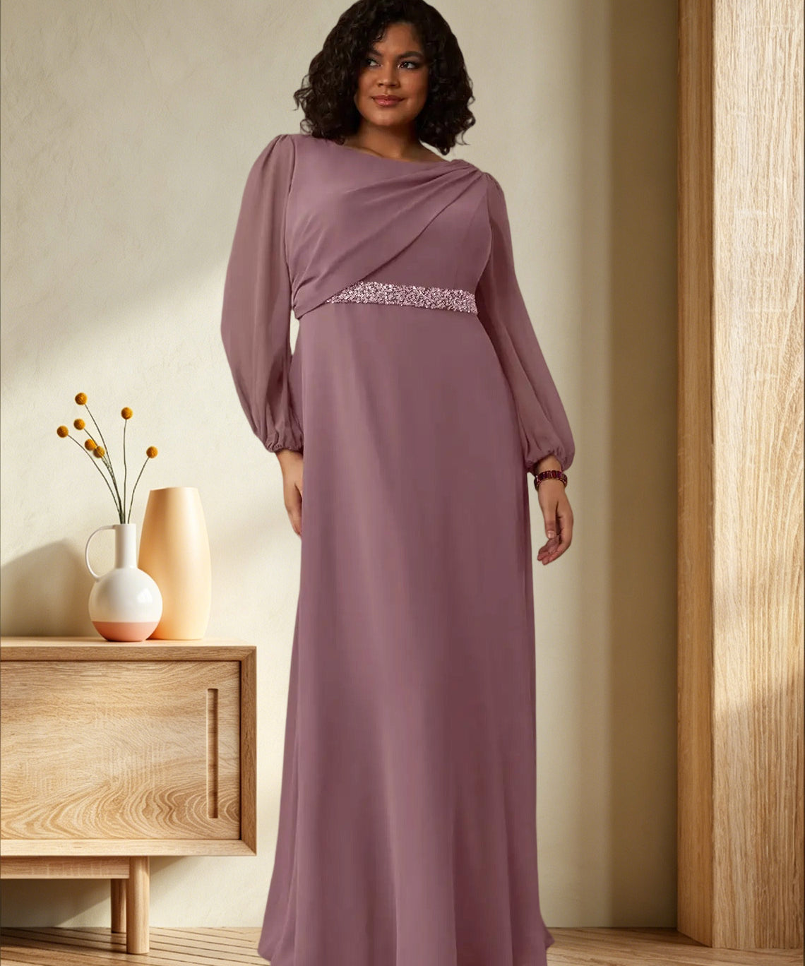 Augday Priyanka A-Line Boatneck Pleated Chiffon Dress