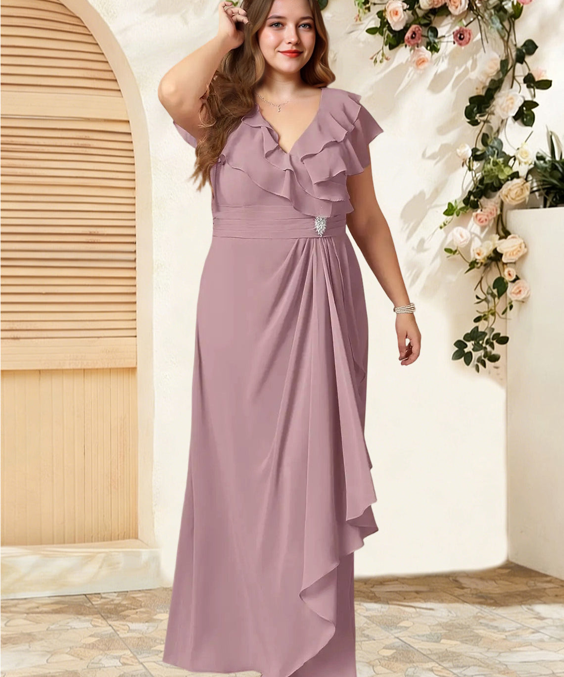 Augday Snapdragon A-Line V-Neck Ruched Chiffon Dress
