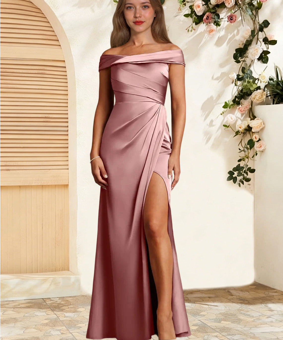 Augday Bedford Sheath Pleated Stretch Satin Dress