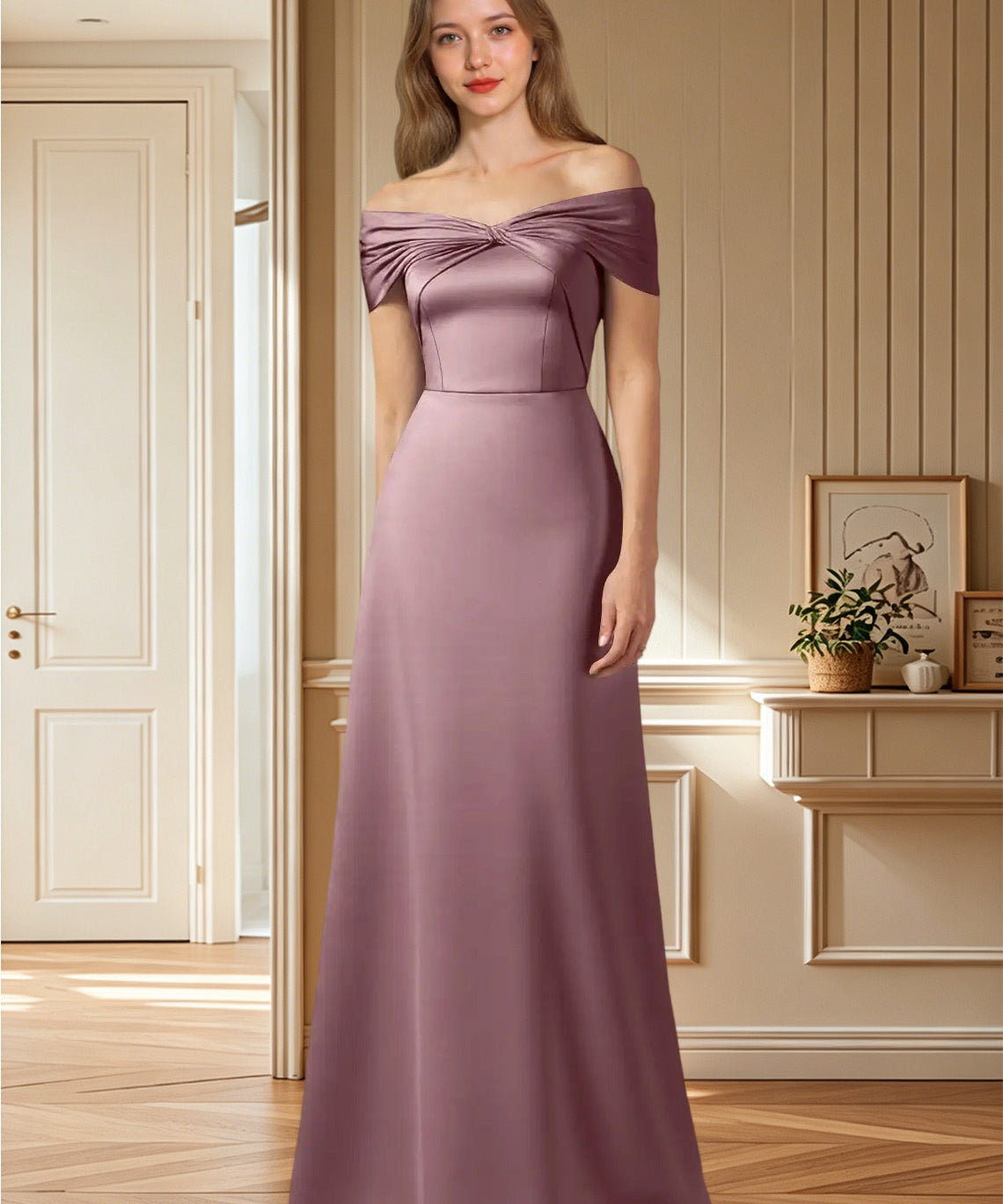 Augday Amelia A-Line Off the Shoulder Stretch Satin Dress
