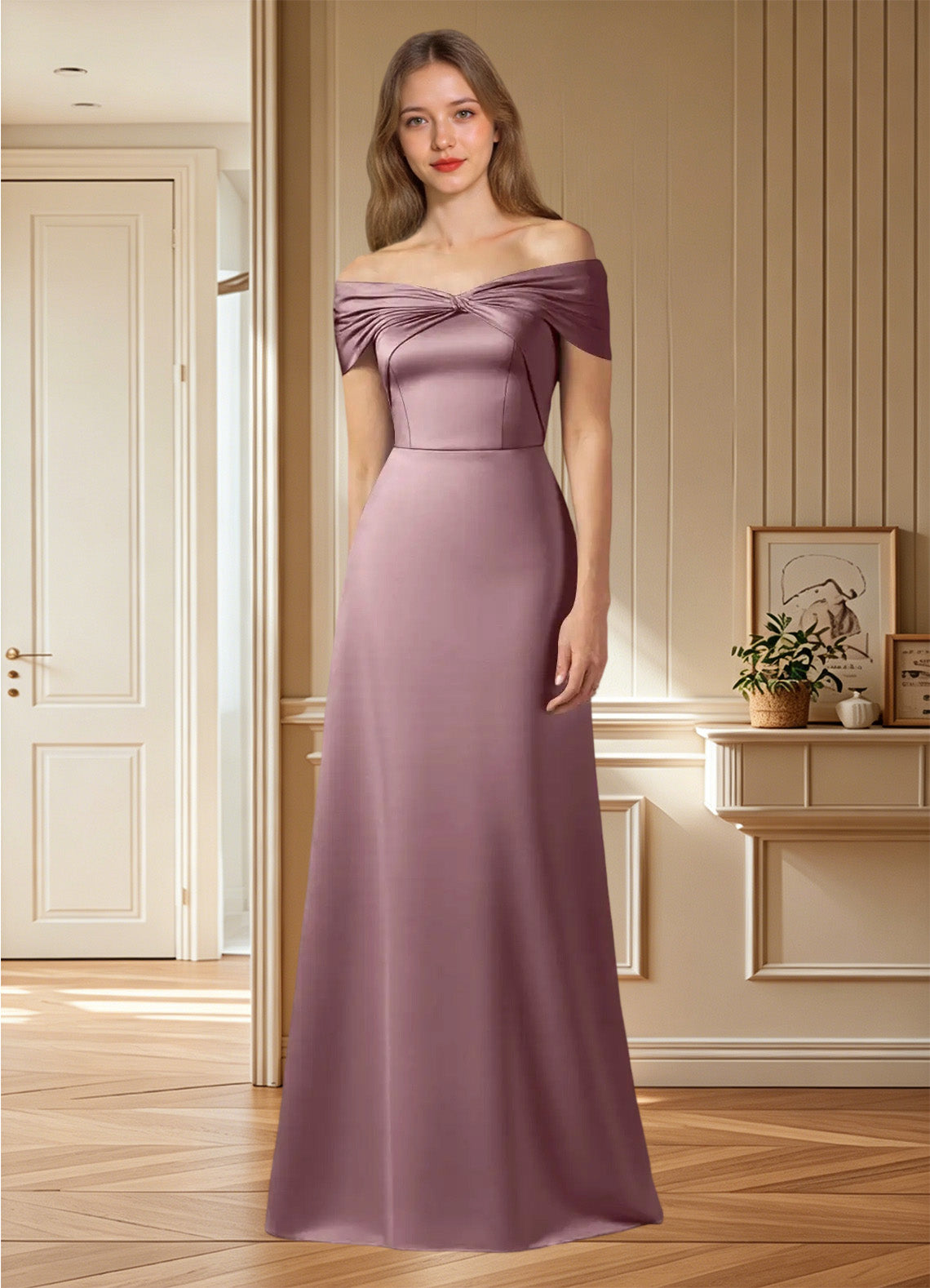 Augday Amelia A-Line Off the Shoulder Stretch Satin Dress