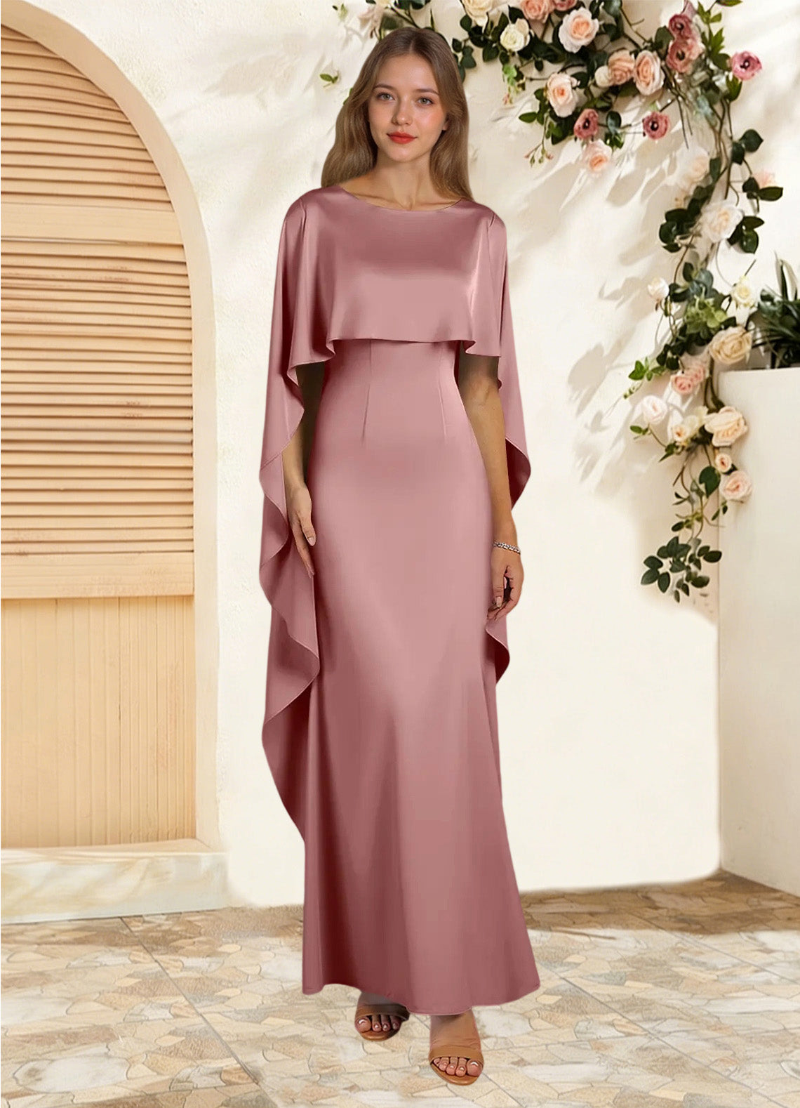 Augday Eli Sheath Boatneck Stretch Satin Dress